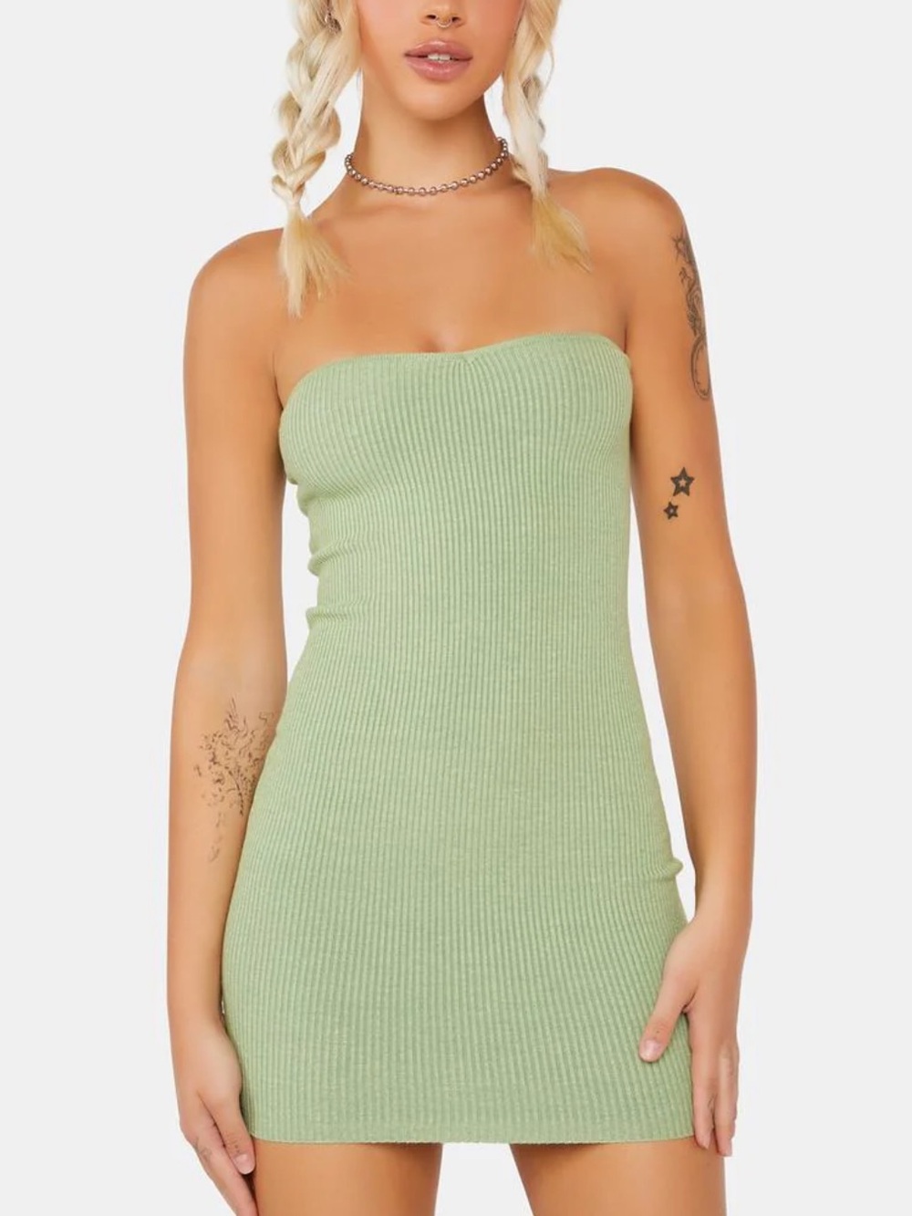 Edikted Strapless Ribbed Mini Dress in Light Green